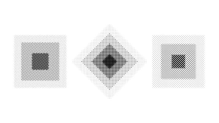 Halftone concentric square set. Comic texture rectangles collection. Dotted design elements collection. Abstract background.
