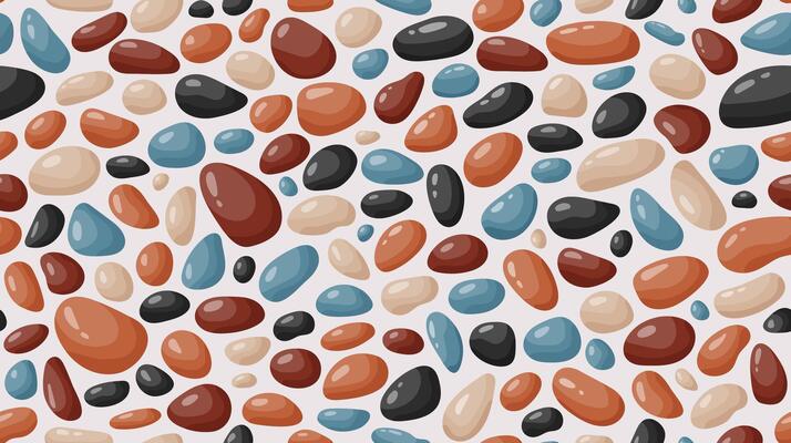 Pebble seamless pattern. Cartoon cobblestone paving texture. Smooth stones background. Sea or river pebbles and rocks repeating wallpaper.