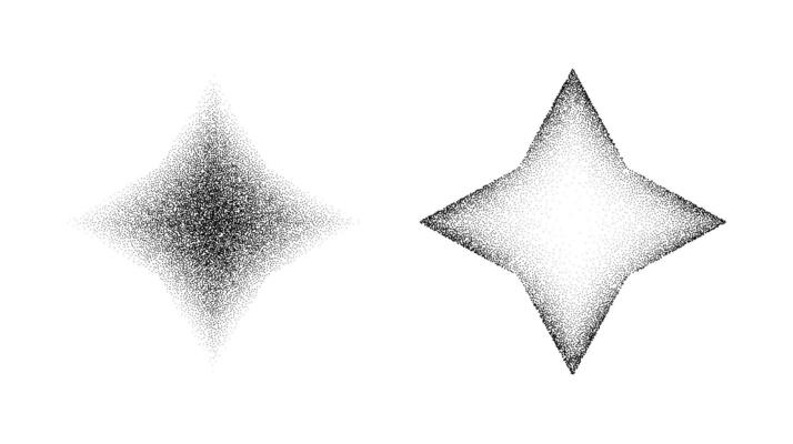 Dotted grain star shapes. Black stipple diamonds. Abstract noise texture rhombus. Halftone flare form. stochastic