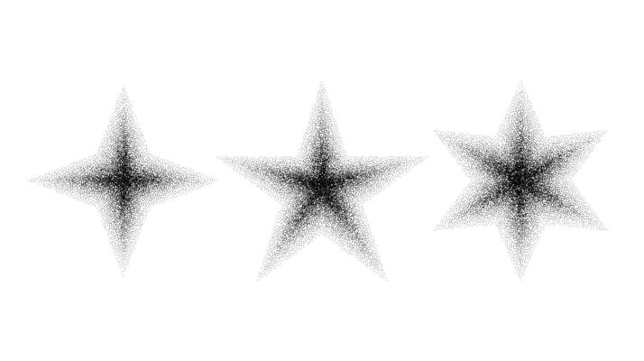 Dotted grain star set. Black noise texture asterisks collection. Black stippled flares. Halftone sparkles.