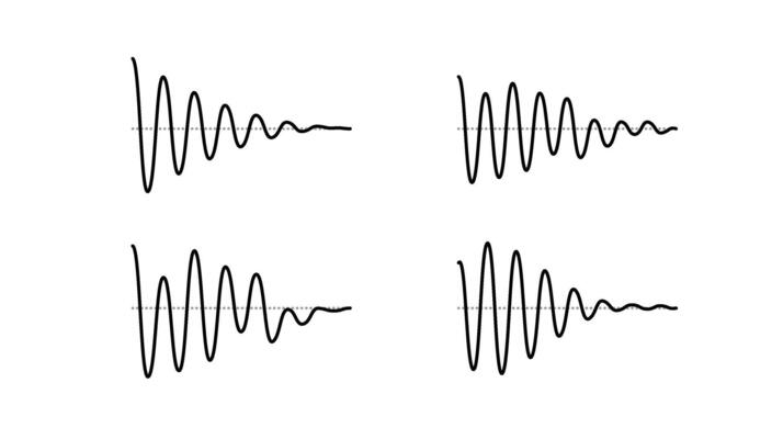 Sinusoid fading signal set. Black curve sound wave collection. Voice or music audio concept. Pulsating lines. Fading out electronic radio graphics.