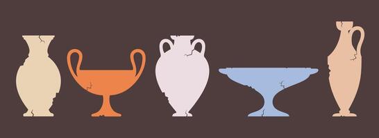Broken vase silhouettes set. Different cracked ancient greek amphoras. Various forms and shapes of antique ceramic jar or vessel. Old clay pottery collection. vector
