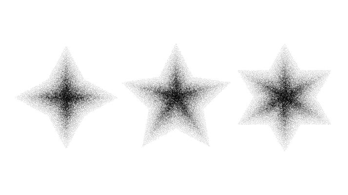 Dotted grain star set. Black noise texture asterisks collection. Black stipple flares. Halftone sparkles.
