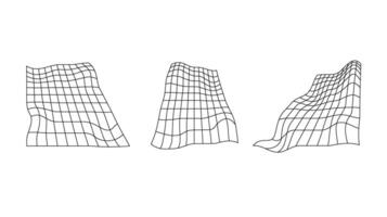 Distorted perspective grid set. Glitch rectangle plane collection. Retro wavy futuristic elements. Ripple wireframes. abstract vector