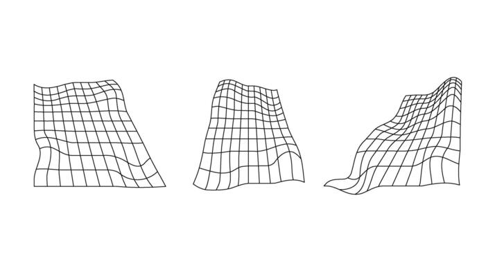 Distorted perspective grid set. Glitch rectangle plane collection. Retro wavy futuristic elements. Ripple wireframes. abstract