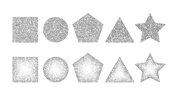 Dotted grainy shapes set. Stippled square, circle, triangle, star and pentagon with gradient. Grain noise geometric forms. Stochastic dot work collection.