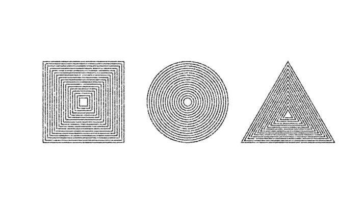 Dotted grainy shapes set. Stippled square, circle and triangle. Grain noise geometric forms. Stochastic dot work collection.