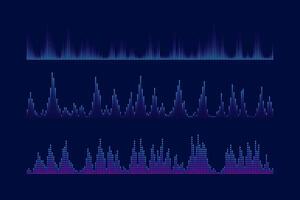 Sound equalizer and visualication set. Music wave bars collection. Podcast, audio tracks or voice messages. Diagram, chart or signal concepts. vector