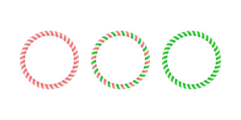 Christmas round frame set. Candy cane border with striped lollipop pattern. Xmas and new year template collection.