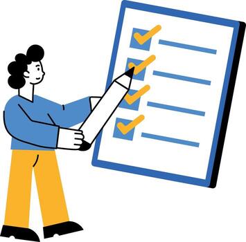 A flat style illustration showing a character marking a task list vector