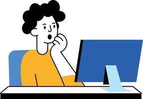 A flat style illustration showing shocked character looking at computer vector