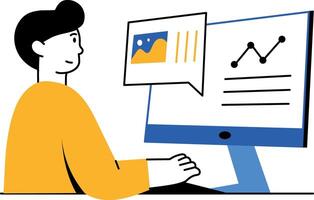 Flat style illustration showing freelancer working on laptop vector