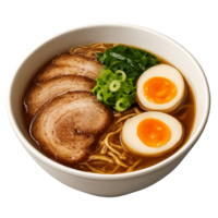 Delicious Bowl of Ramen with Tender Pork and Soft Boiled Eggs png