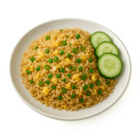 Simple Fried Rice Delight with Fresh Cucumbers on a White Plate png