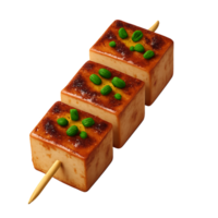 Delicious Glazed Tofu Skewers with Green Garnish on Wooden Stick png