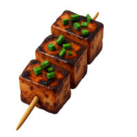 Glazed Tofu Skewers with Fresh Chives on Simple Wooden Sticks png