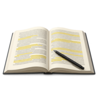 Open Textbook with Highlighted Sections and Pen on White Background png