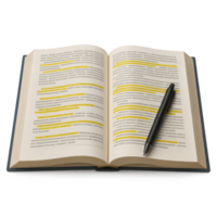 Open Textbook with Highlighted Text and a Pen on White Background png