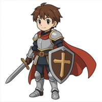 Anime Knight in Cosplay Armor with Sword and Shield Design png