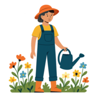 Person in a Meadow Watering Colorful Flowers with Joyful Smile png