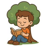 Young Boy Enjoys Reading a Book Under a Large Tree in Nature png