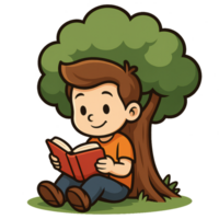 Young Boy Reading a Book Under a Tree in a Simple Setting png