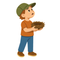 Curious Child Holding a Bird's Nest in a Proud Moment of Discovery png