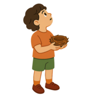 Child Holding a Bird's Nest with Curiosity and Wonder png
