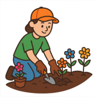 Gardener Planting Colorful Flowers in a Simple Garden Scene png