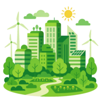 Green Smart Cityscape Illustration with Wind Turbines and Trees png