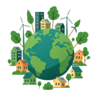 Eco-Friendly Globe Surrounded by Sustainable Homes and Nature Elements png