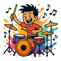 Happy Cartoon Drummer with Colorful Background and Music Notes png