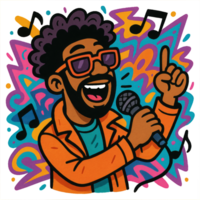 Funky Cartoon Singer with Microphone in Colorful Setting png