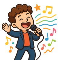 Joyful Vocalist Singing with Microphone and Colorful Music Notes png