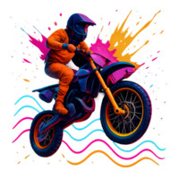 Neon Biker Performing Jump in Vibrant Graphic Design Artwork png