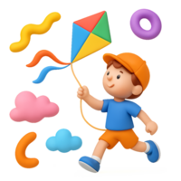 Happy Child Flying a Colorful Kite with Playful Shapes Around png