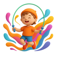 Joyful Child Jumping with Jump Rope and Colorful Splash Elements png