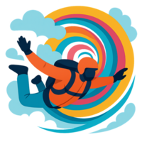 Vibrant Skydiver in Colorful Descent with Clouds and Swirling Patterns png