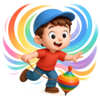 Happy Kid Playing with a Colorful Spinning Top in a Vibrant Background png