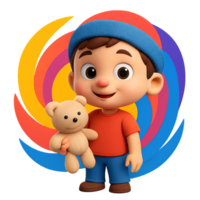 Cute Child with Teddy Bear in Colorful Swirling Background Graphics png