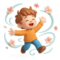 Joyful Child Dancing with Flowers and Wind in Springtime Fun png