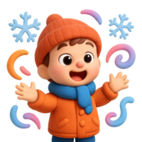 Playful Child in Winter Attire Surrounded by Snow and Colorful Swirls png