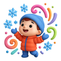 Playful Child in Snowy Scene with Colorful Swirls and Snowflakes png