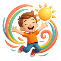Joyful Child Jumping with Rainbows and Sun in a Colorful Scene png