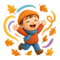 Joyful Child Playing in Autumn Leaves with Colorful Whirlwind Swirls png