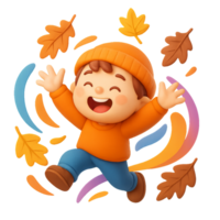 Joyful Child in Autumn Whirlwind with Colorful Leaves and Cheer png