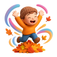 Joyful Child Jumping into Colorful Autumn Leaves in a Cheerful Scene png