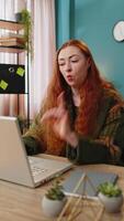 Eureka. Thoughtful clever inspired woman working on laptop make gesture raises finger came up with creative plan feels excited with good idea inspiration motivation, question at home office. Vertical video