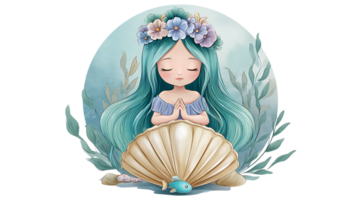 Cute mermaid girl with teal hair sitting on seashell isolated on transparent background png