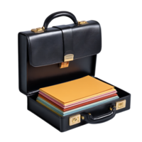 Open black leather briefcase with colorful documents isolated on transparent background png